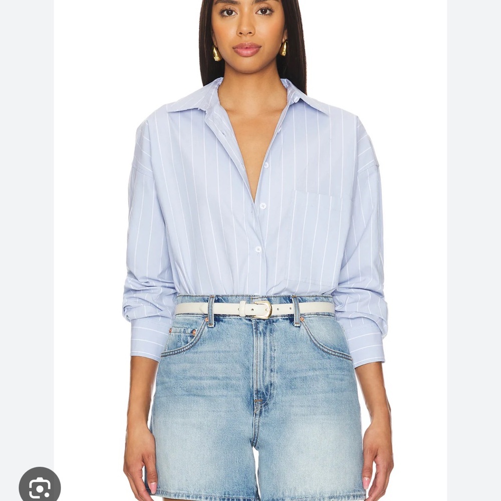 New Good American Glass Oversize Stripe Stretch Cotton Poplin Button-Up Shirt